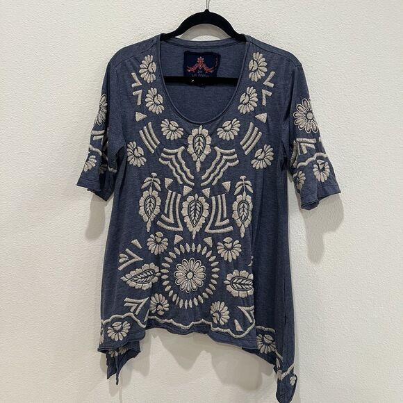 Johnny Was Tops - JWLA Johnny Was Tunic Top Boho Shirt Womens 3/4 Sleeve Blue Embroidered Tribal